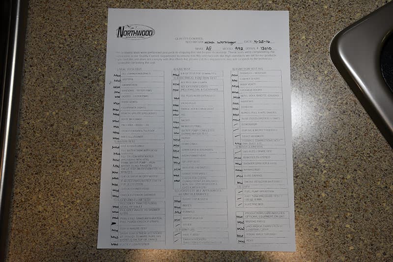 Arctic Fox 992 quality control check list