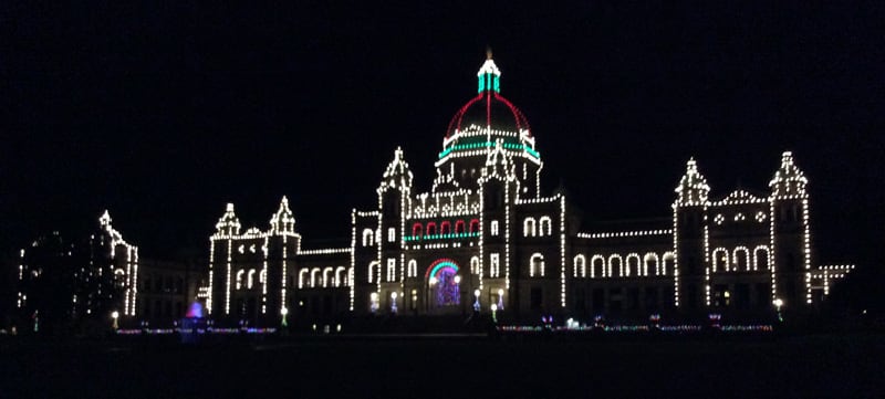 British Columbia Parliament Building in Victoria decorated for Christmas