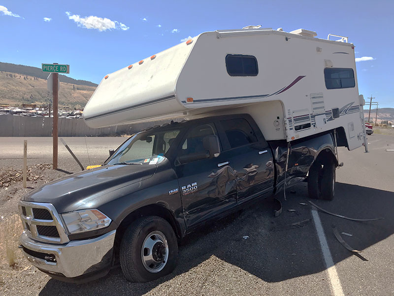 Crashed truck camper after accident