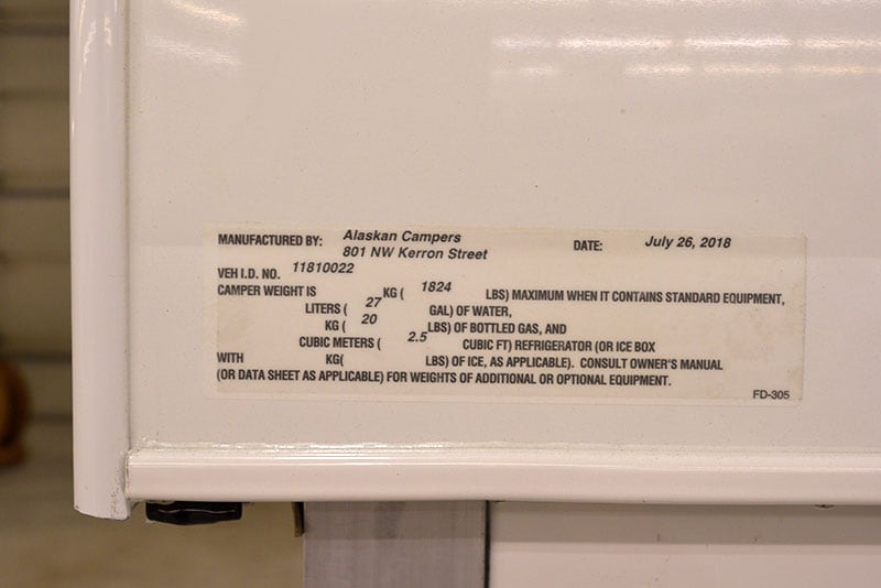 Alaskan Camper Review Weight Sticker