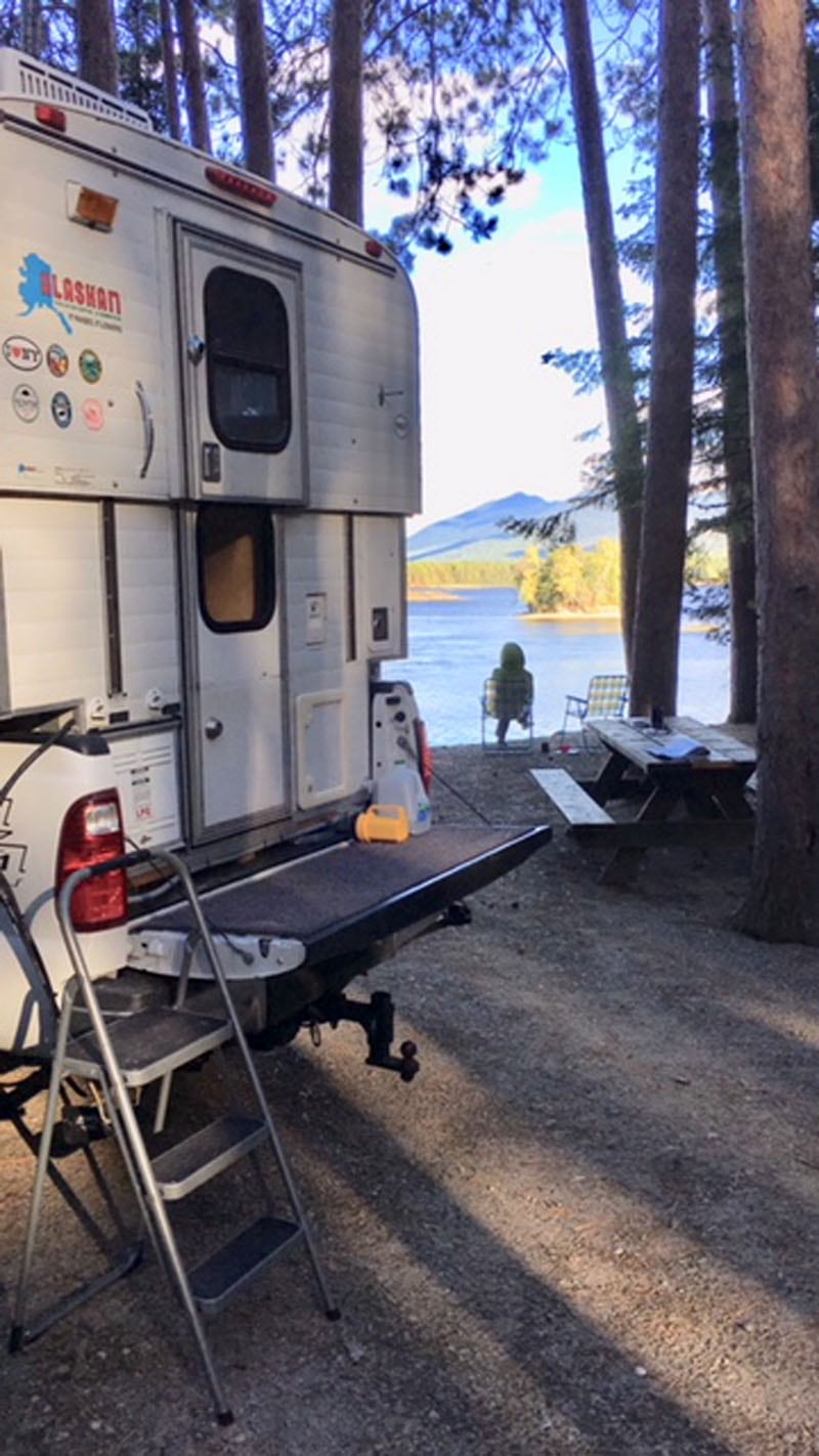 Cathedral Pines Campsite Looking Across Flagstaff Lake With Camper In Foreground And Sheryl At Shoreline