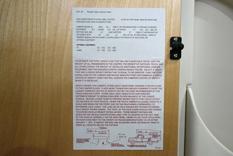 Cirrus 720 Interior Weight Sticker