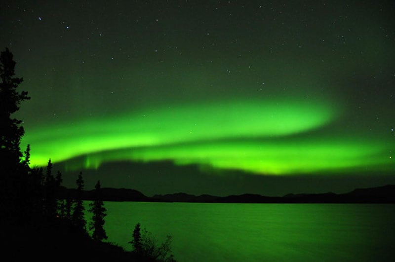 Lake Lebarge Territorial Park Northern Lights With Reflection In Lake