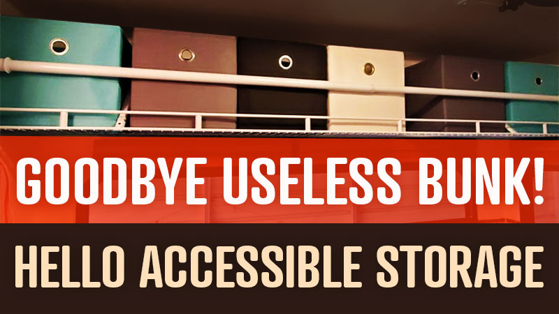 Camper bunk modified for more accessible storage