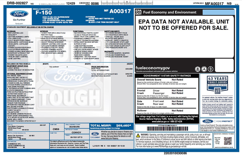 2021 Ford F150 Window Sticker