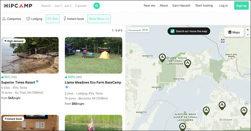 Michigan Hipcamp opportunities