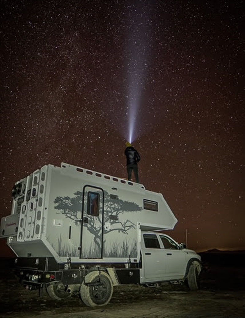 Nighttime Flashlight On Roof Of Camper