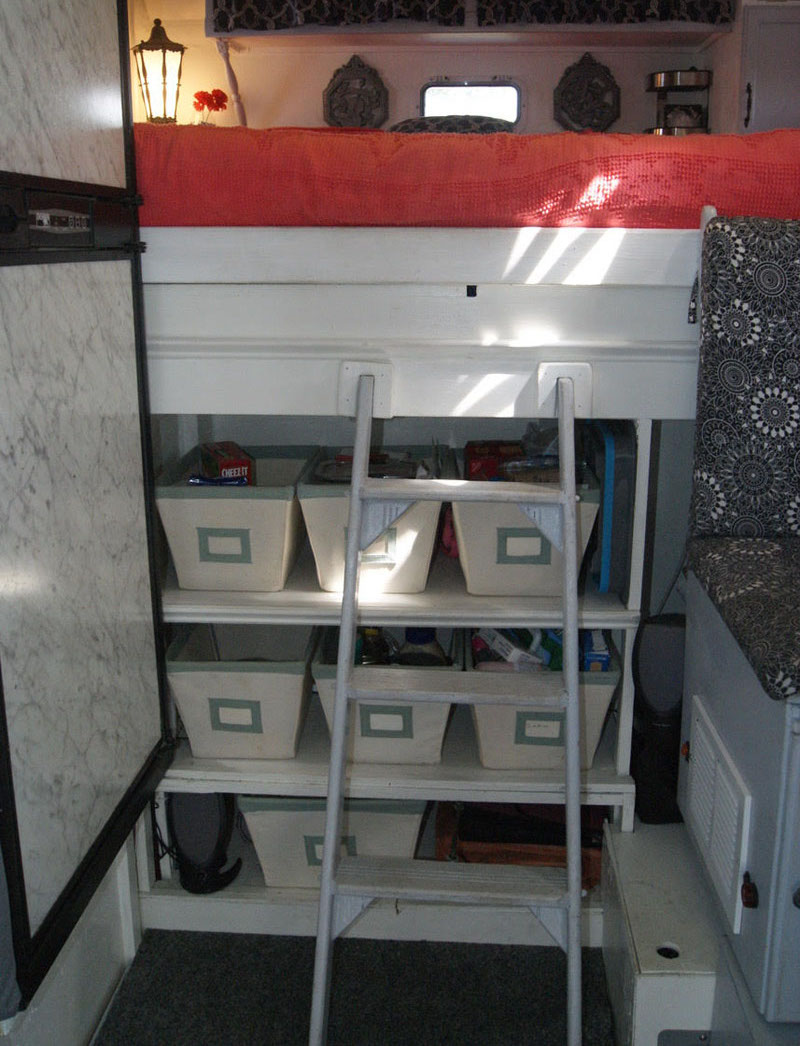 Storage on front wall of camper