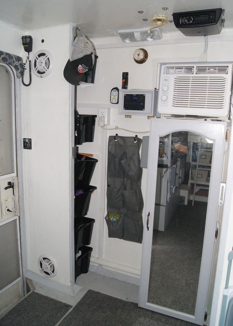 Back wall of camper, the Bulkhead on left was positioned so the storage bins (Ikea) would fit behind