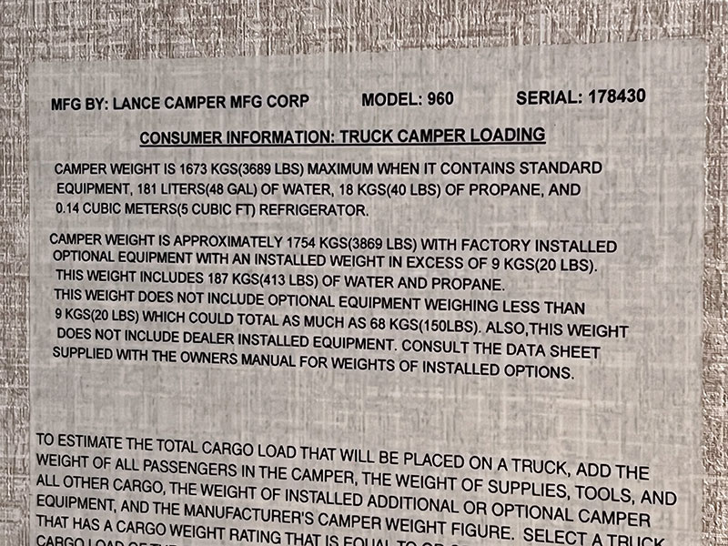 Lance 960 INT Rear Closet Sticker