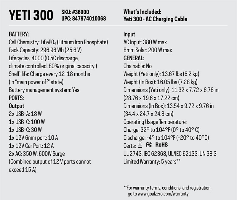 Goal Zero Yeti 300 Specs
