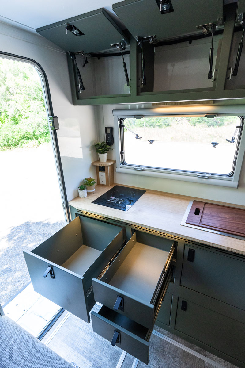 Outpost Campers Kitchen Cabinet Doors Open