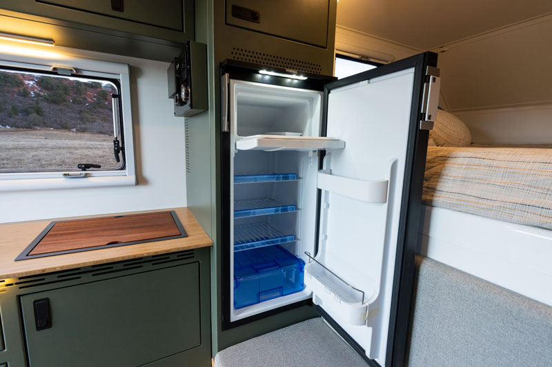 Outpost Camper New Refrigerator Open
