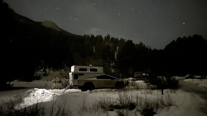 CyberPhoenix Cybertruck Camping In Winter At Night