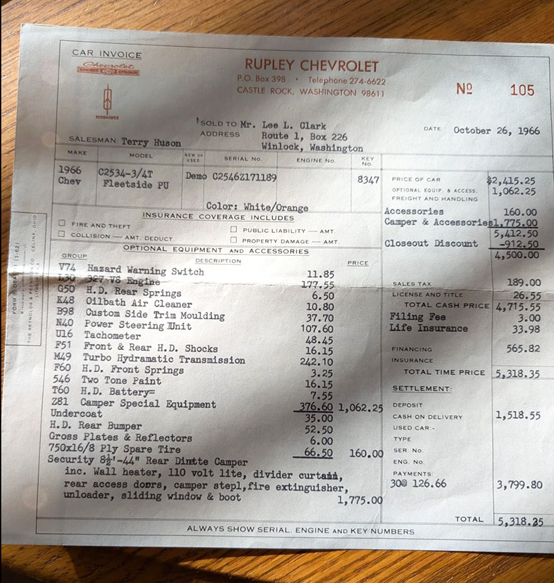 1966 Chevy Security Rig Receipt