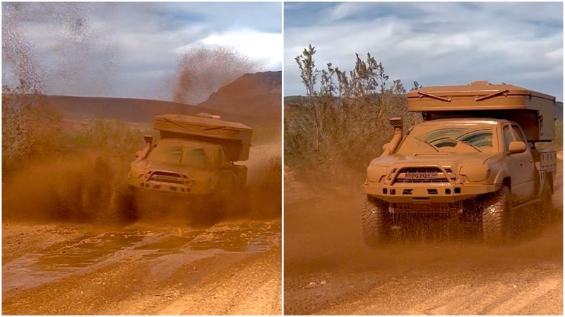 Scout Camper and Toyota through a huge mud puddle
