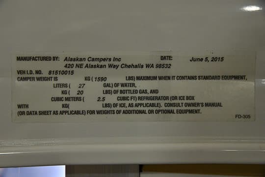 Alaskan Camper Review Weight Sticker