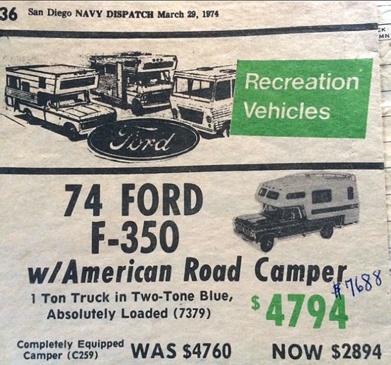 1974 Ford F350 camper advertisement