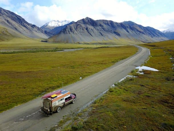 #459 - Hannah ButlerAtigun Pass, Alaska2006 Ford F3501969 Custom CamperCamera Used - DJI Mavic ProOne of the highlights of our Alaska trip was taking the Dalton Highway all the way up to Prudhoe Bay, Alaska.  The highest pass in Alaska is Atigun Pass where we took this picture before climbing up the mountain pass and camping on the very snowy summit in August.