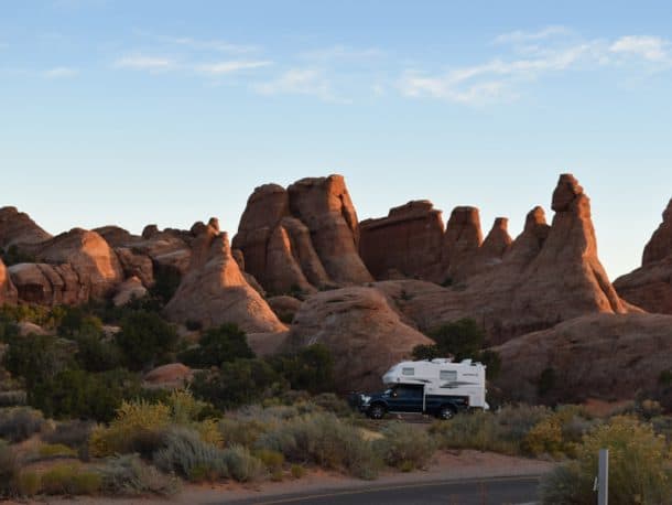 #215 - Sandy Rice and Marty NizlekArches National Park, Utah 2016 Ford F350Northern Lite 10.2 EX CD SECamera Used - Nikon 3300We just retired and bought our new truck and camper and made our maiden trip to the big five National Parks in Utah (from Seattle, Washington).  We also bought a new camera and are learning how to use it.  This photo was taken at our campsite in Arches National Park.  It was just about the last site at the end of the park and our first experience at dry camping for three days.  We are hooked!