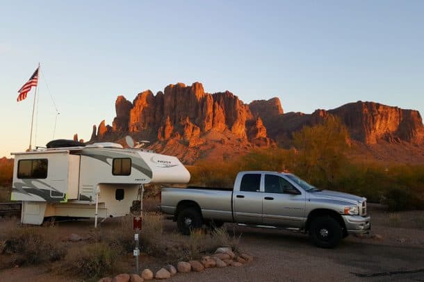 #035 - Mike BorregoSiligman, Arizona2005 Dodge Ram 35002008 Host YellowstoneCamera Used - iPadThis photo was taken at sunset with the Superstition Mountains in the background.