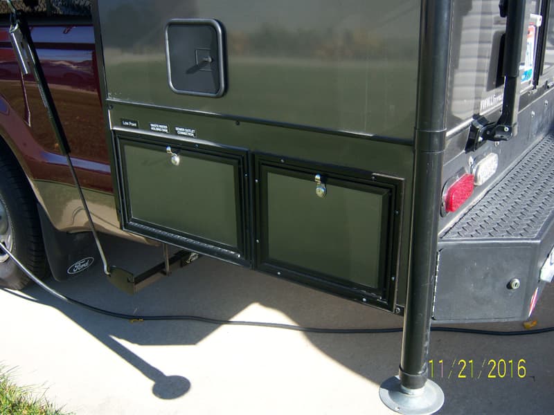 Close up of exterior storage on CampLite camper