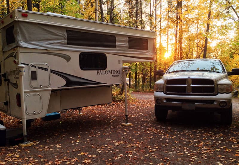 Palomino pop-up camper off the truck at Glacier National Park, Montana