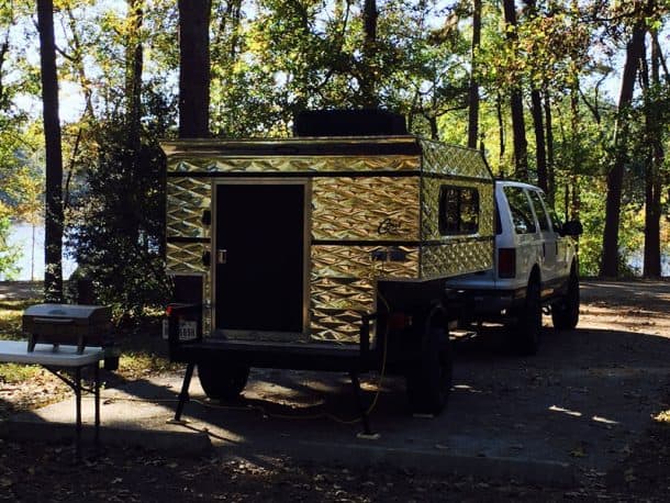 #206 - Scott HigginbothamHuntsville State Park, Texas2005 Ford Excursion2016 Capri CowboyCamera Used - PhoneThis picture was taken during a beautiful weekend at Huntsville State Park.  A truck camper with no pickup truck, no problem!  Our Capri is riding on a custom lifted 5x10 utility trailer.