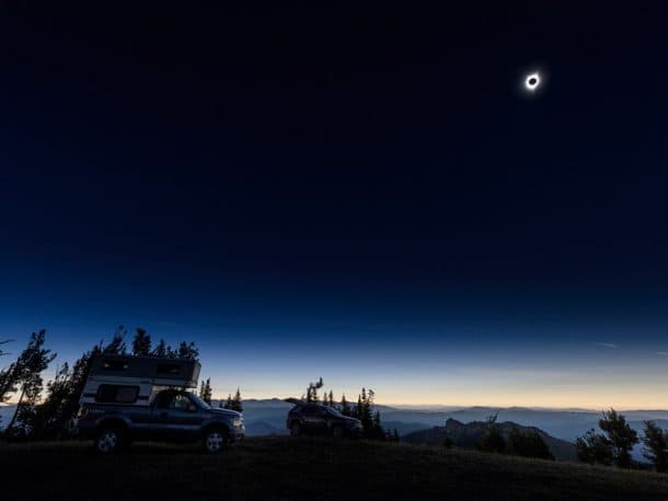 #291 - Peter MasonMalheur National Forest, near John Day, Oregon2013 Ford F1502010 Four Wheel HawkCamera Used - Nikon D810 14mm lensLooking for a suitable viewing location in the path of totality, I drove up a logging road looking to spot to boondock.  All of the first come, first serve campsites were already taken.  I stopped at the first pull-out and spent the night.  The next morning I proceeded up the road passing numerous other campers.  Fourteen miles in, the last quarter-mile required four wheel drive low.  Finally, at the summit of Vinegar Hill I was the second person to make camp.  The summit was at 8,017-feet and had a great view.  For the next four days, we waited as a few more hearty campers arrived.  Finally on August 21, 2017 at 10:23am the black sun appeared, and then the corona appeared. It was a magical two minutes.