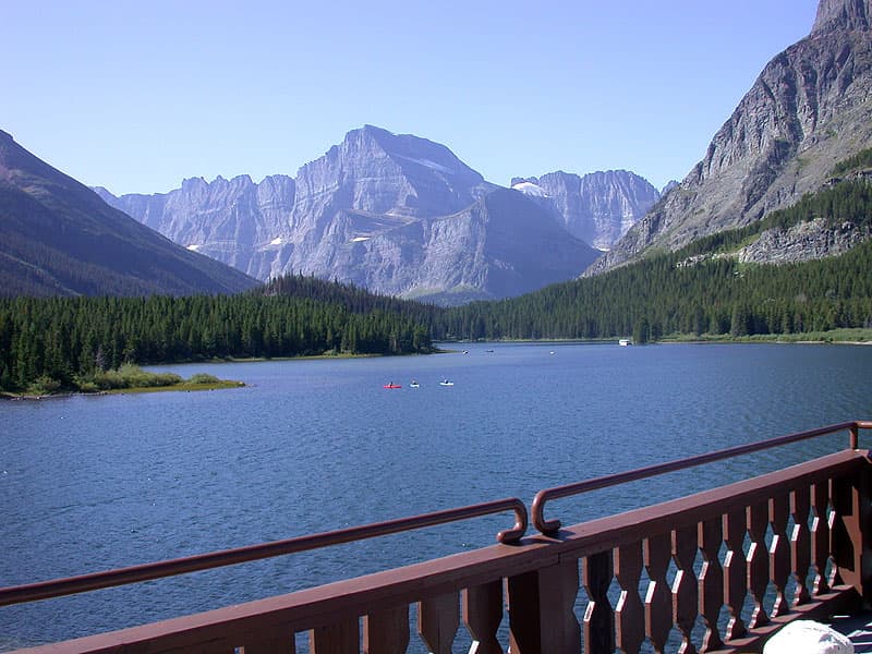 Many Glacier Hotel looking out over Swiftcurrent Lake