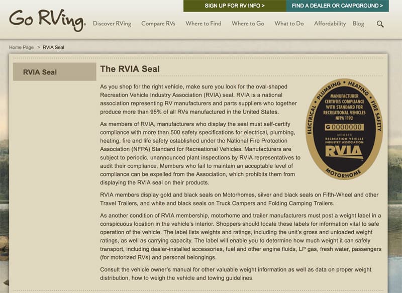 RVIA Seal on Go RVing