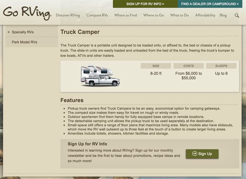 Go RVing Truck Camper Website Page