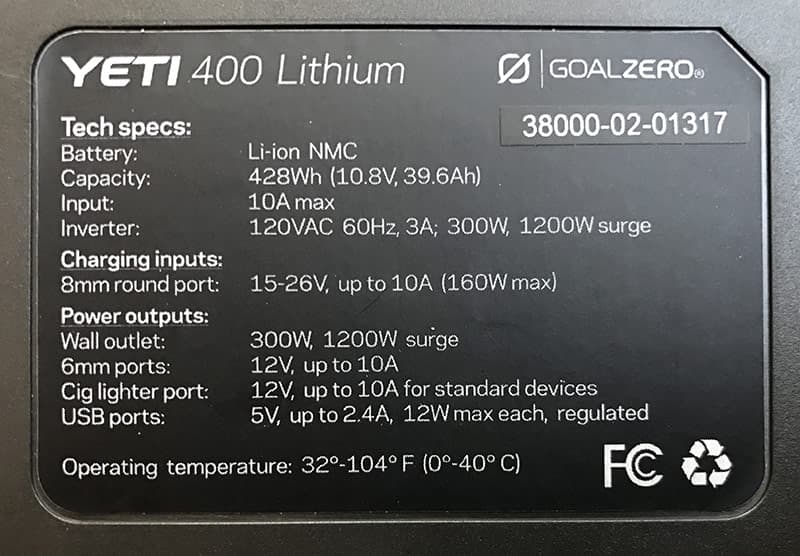 Goal Zero Yeti 400 Lithium Specifications Badge