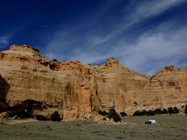 #203 - Patrice and Ken LoucksHead of Sinbad, San Rafael Swell, Utah2013 Toyota Tundra2014 Phoenix Custom CamperCamera Used - Nikon CoolPix P600After searching for a tunnel that our rig would fit through under I-70, we discovered Head of Sinbad.  The road was basically a sand pit but Ken was able to keep the Tundra going.  We were able to get to the pictographs and see some of the most beautiful cactus flowers ever.  We decided to camp there.  We were treated to a short hike up to a view point where we could see all the way north to the Grand Canyon of the San Rafael River.  This spot was not on our itinerary.  It was just a lucky pick after seeing it mentioned in a guide book.  I’m not sure if a solid sided truck camper could get through the tunnel, so we are glad to be so agile!