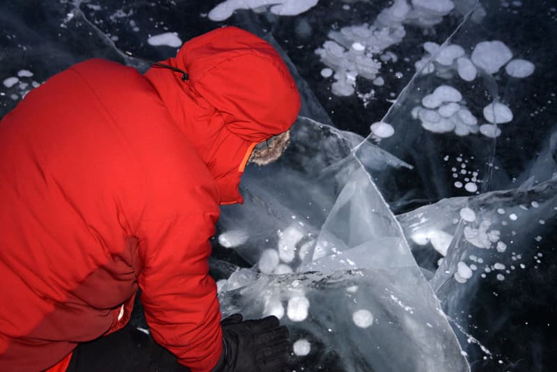 Ice bubbles on Peel River, Aklavik NWT