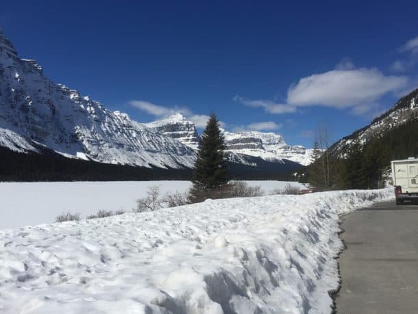 #308 - Marian MuirIcefield Highway, Alberta2011 Dodge Ram 35002004 Snowbird 810Camera Used - iPhone 6+I didn’t want a fuss for my 70th birthday so asked my husband to take me on a camping road trip.  It was the best birthday ever from nature!  We had sunny blue skies and spectacular scenery all the way down the Icefields Highway from Banff to Jasper, Alberta on April 2nd.