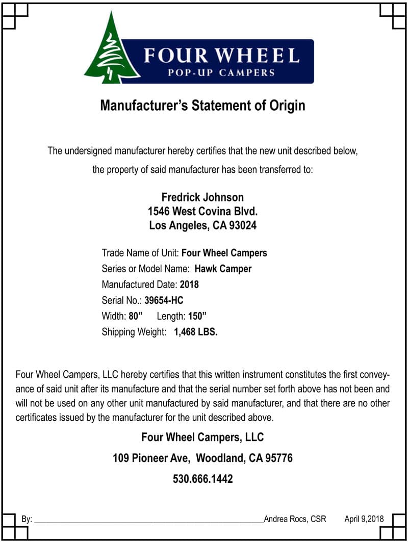 Manufacturer Statement Of Origin for a Four Wheel Camper Hawk