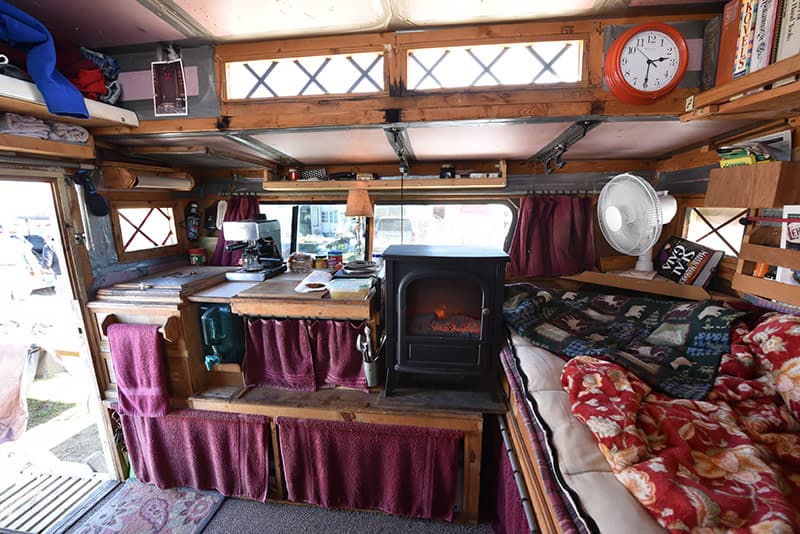 Fireplace in homemade truck camper