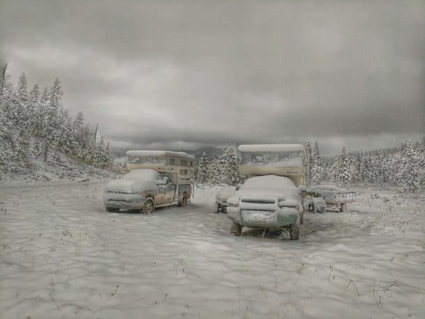 #362 - Benton StreetNorth Fork of Spread Creek, Teton County, Wyoming1998 Dodge Ram 2500 and 2012 Ram Bighorn 25001998 Hallmark and 2006 Hallmark Guanella LXCamera Used - Google PixelWhile elk hunting on the North Fork of Spread Creek in Teton County, Wyoming a storm front came through and dumped a foot of snow on us.  Shortly after taking this picture we decided to move camp to lower ground since the storm was going to last another 24 hours. Once we relocated to lower ground we attempted to raise the tops on the campers and couldn’t due to the heavy weight of the snow on the roofs.  We had to climb up on the roofs and shovel the snow off to raise them back up.