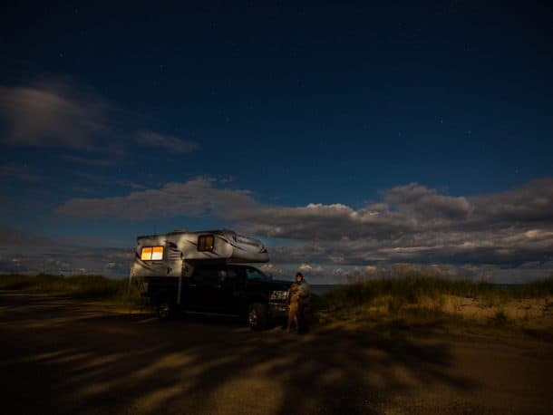#270 - Shannon TaylorPinery Provincial Park, Lake Huron, Ontario2012 Dodge Ram 25002015 Adventurer 80RBCamera Used - Canon 5D Mrk 3 and 16-35 mm, F 2.8 lensMe and my golden doodle, Sully spent the night watching for the Northern Lights!  A nice dark sky and many clouds prevented seeing much light.  This did not prevent me from enjoying every moment of my home on wheels.