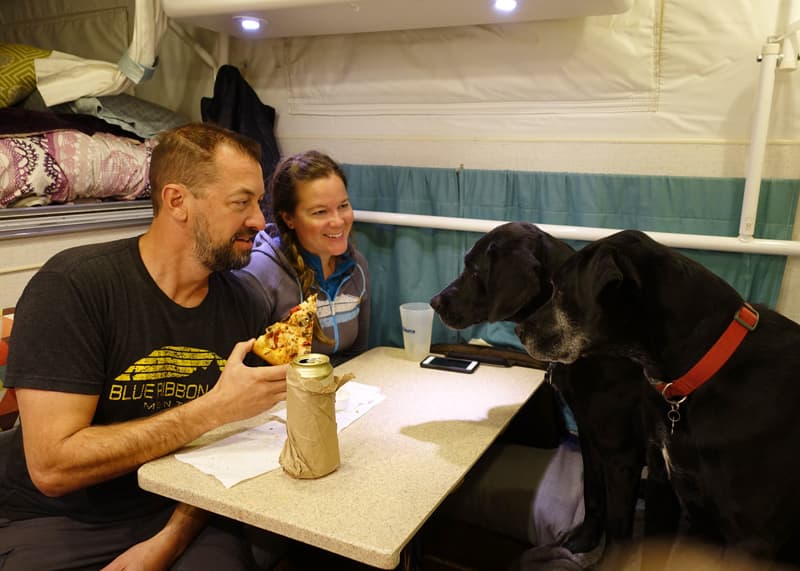 Pizza night in Hallmark camper