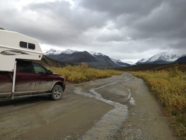 #288 - Steve Henry HermanOff Richardson Highway, approaching Gulkana Glacier, Alaska2016 Ram 25002003 Northern Lite ClassicCamera Used - Sony Cybershot DSC-HX60VOne of the high points of our 12-week long, 13,400 mile trip from North Carolina to Alaska and back were the days spent on the 130-mile long unpaved, pot-holed Denali Highway.  This road and some rainy weather is responsible for the messy appearance of our rig.  We followed a side road of the Richardson Highway that ran directly toward the beautiful Gulkana Glacier.  The road runs for several miles through a wide, flat plain that in mid-August was covered with bright red and yellow wildflowers.
