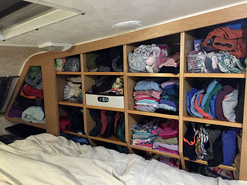 Camper cubbies for clothes, toys, electronics, and shower items