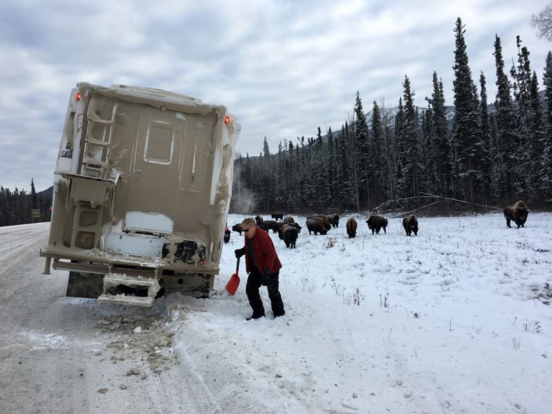 Sliding off the icy road on the way back near Liard Hot Springs