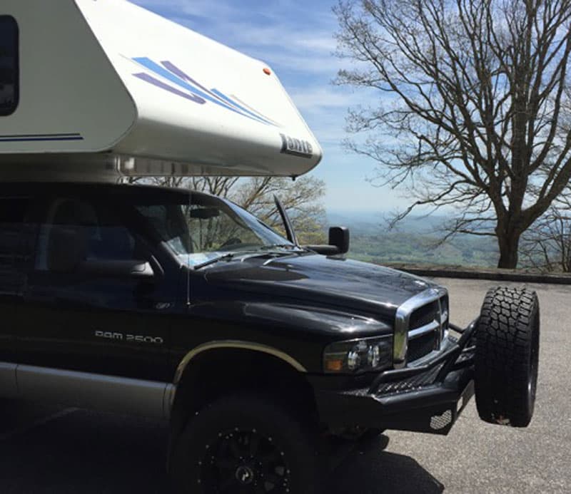 Spare tire mount on the front of Dodge truck