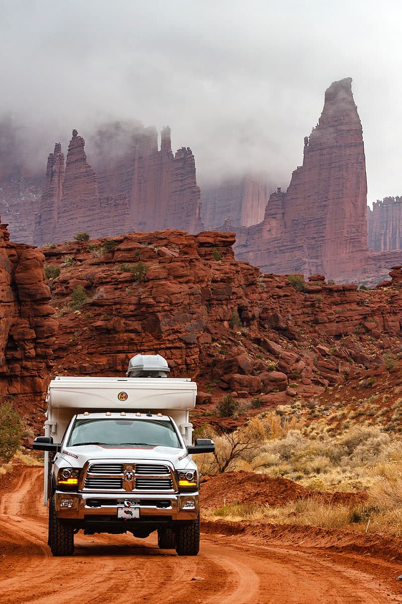 Fisher Towers Utah with a Hallmark pop-up camper