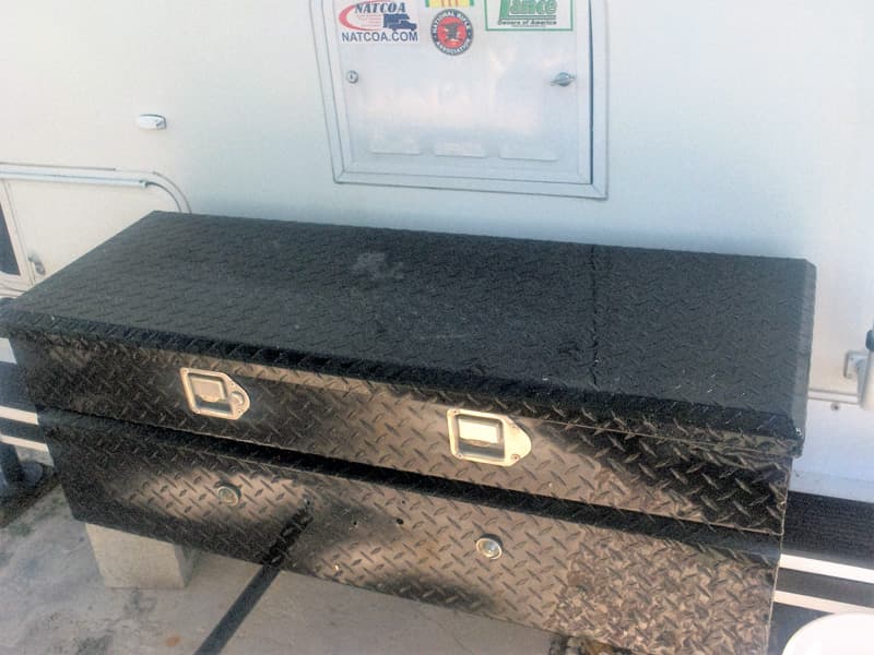 Dock box added to rear of camper