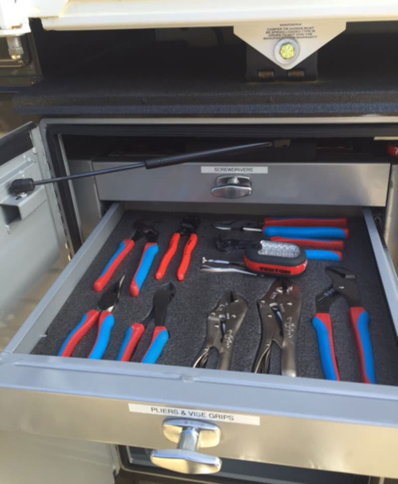 Pliers and vice grips in a truck camper