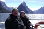 Milford Sound with Mitre Peak in background, Chris and Linda